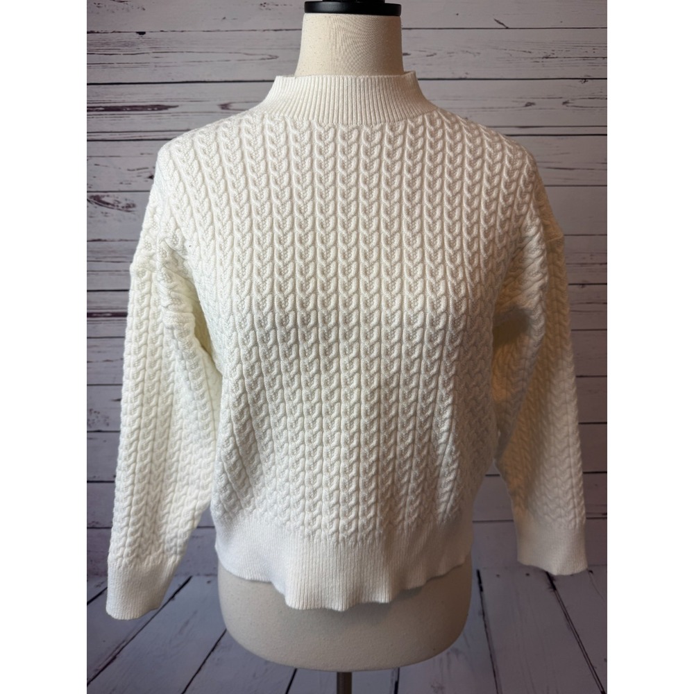 Zyia Active Sweater size Small White CableKnit Mock Neck Pullover Rayon Womens